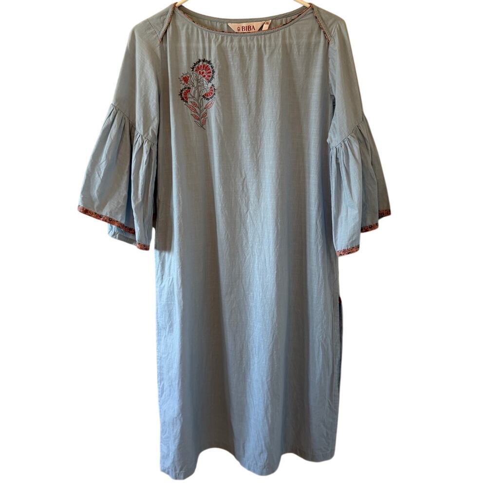 Women's BIBA Blue Flower Embroidered Summer Spring Casual Dress Size 36